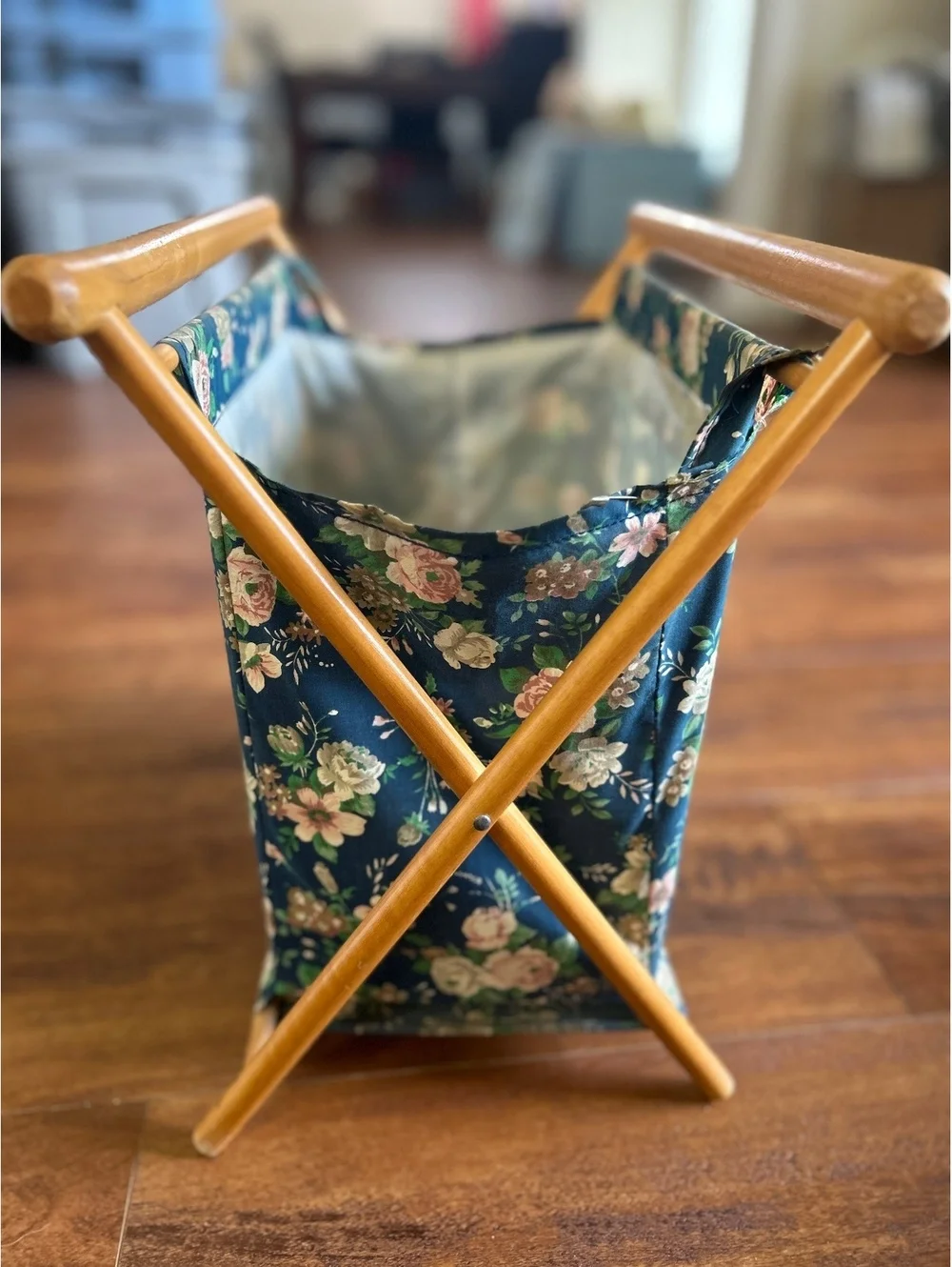 Vintage Floral Fabric and Wood Folding Storage Basket